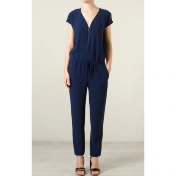 VINCE | $398 Crepe Zip-Front Cap Sleeve Jumpsuit in Navy, Size 2 - Picture 12 of 12